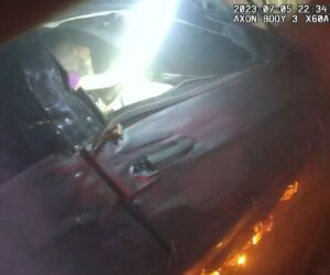 Cops Arrest Blonde Woman As She Gets Out Of Burning Car After High-Speed Chase