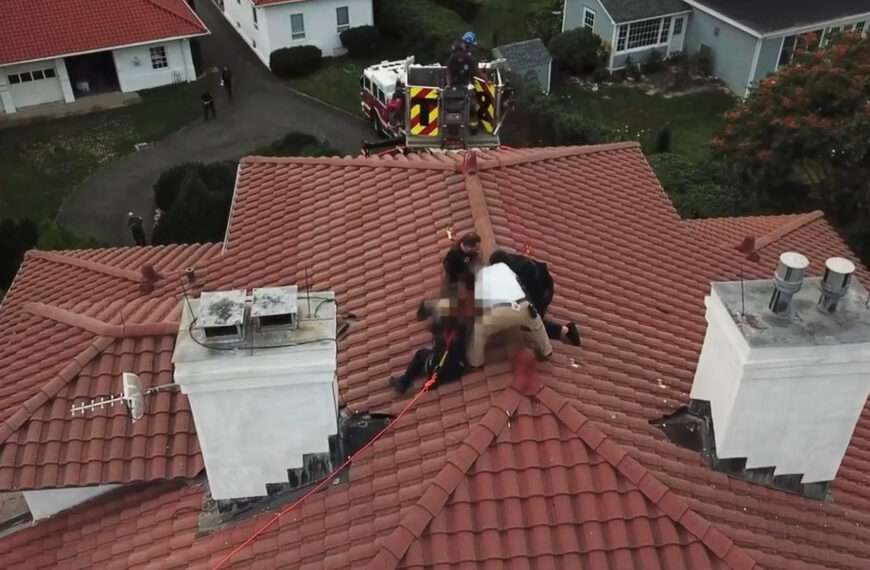 Moment Cops Wrestle Woman On Homeowner’s Roof After She Barged Into Home…